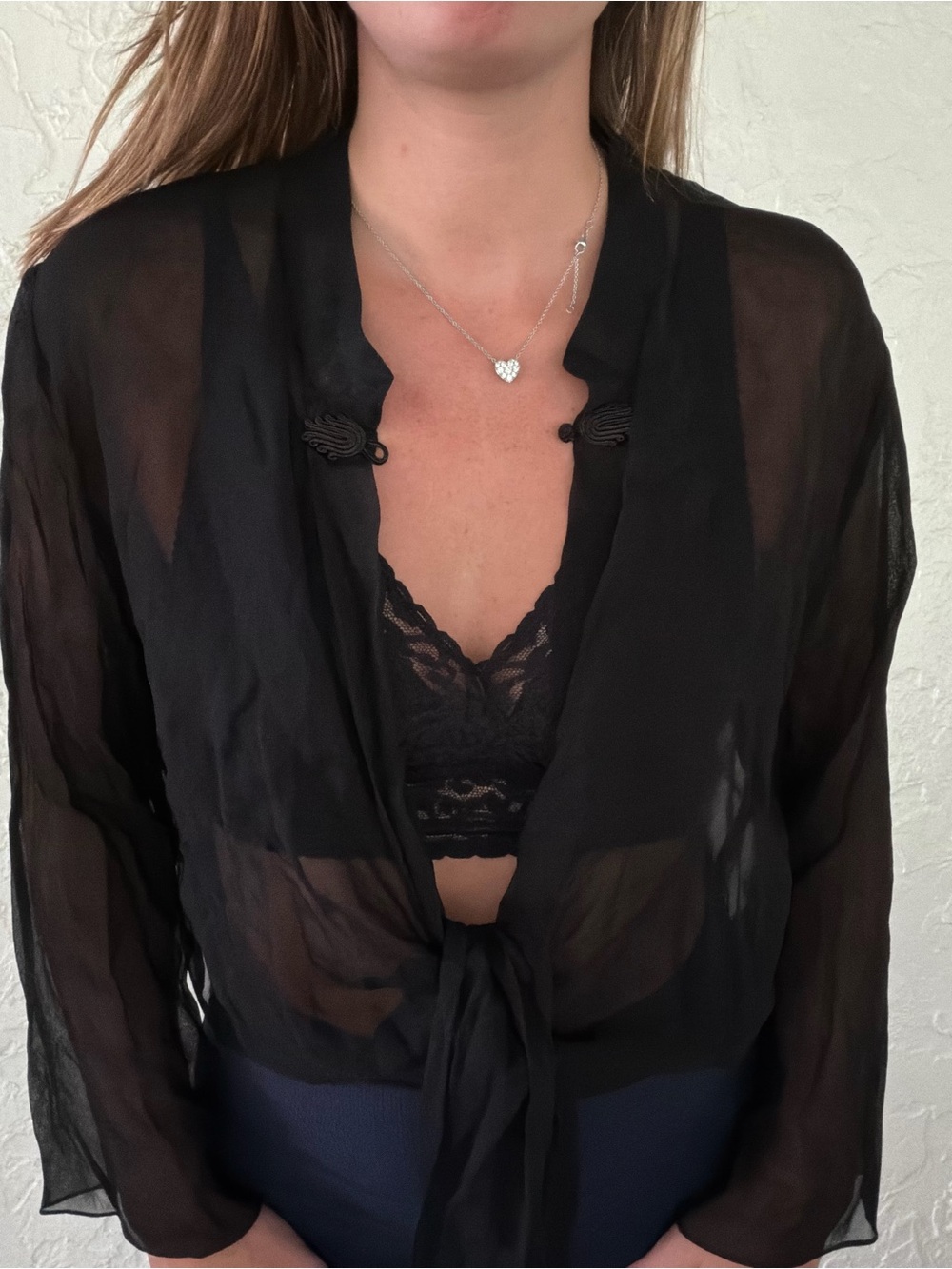 Elan Sheer Black Tie-Front Blouse